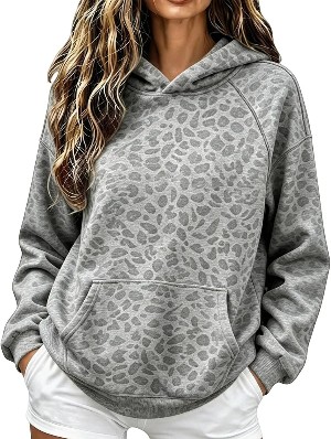 Leopard Loose Kangaroo Pocket Hooded Sweatshirt 