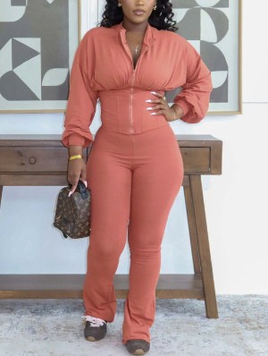 Plain Bodycon Zipper Coats Flared Pant Sets