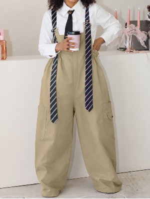 Striped Strap  Cargo Wide Leg Overalls