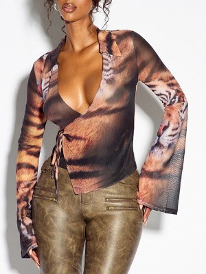Tiger Striped V Neck Lace-Up Blouses