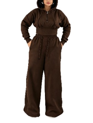 Tie-wrap Zipper Hooded Wide Leg Pant Sets