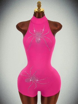 Spider Embellished Halter Backless Rompers