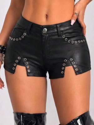 Eyelets PU Bodycon Split Hem Shorts