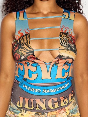 Tiger Printed V Neck Hollow-out Cropped Tanks