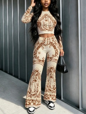Vintage Graffiti Bodycon Flared Pant Sets