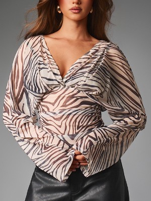 Zebra Gauze Sheer V Neck Backless Tops