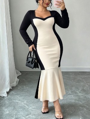 Chic Plus Size Colorblock Fitted Fishtail Long Dress