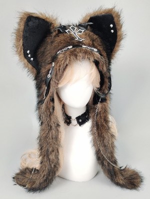 Punk Cross Decor Cat Ear Furry Hat With Tail