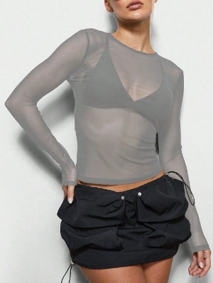 Plain Sheer Gauze Long Sleeve Tops