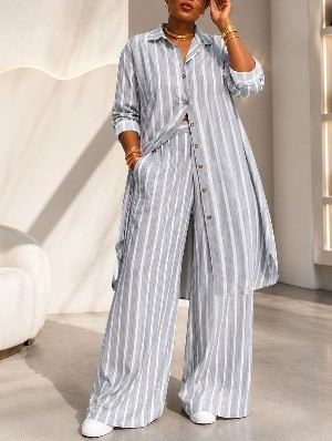 Elegant Plus Size Long Casual Two Piece Shirt Set