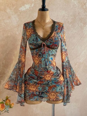 Vintage Trumpet Sleeve V Neck Mini Dress
