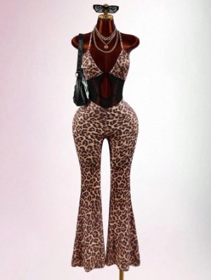 Leopard V Neck Backless Flared Jumpsuits