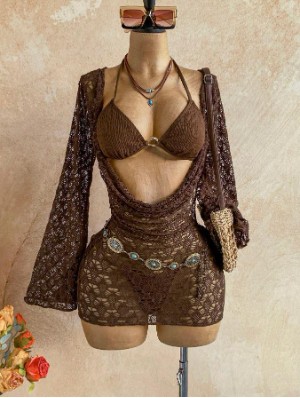 Crochet Backless Mini Dress Bikinis 3 Piece Sets