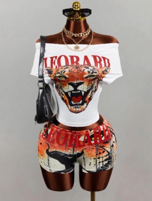 Tiger Printed Off Shoulder Cropped Short Sets