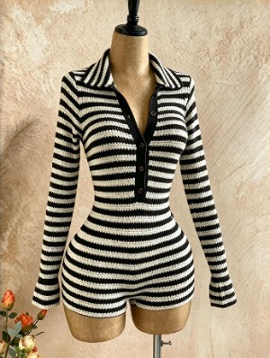 Contrast Striped Button Up Lapel Rompers