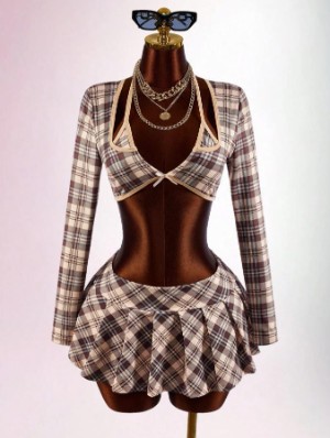 Plaid Halter Cropped Pleated Skirt Sets