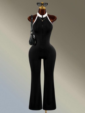 Contrast Halter Backless Zipper Fitted Jumpsuits
