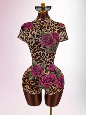 Floral Leopard Ruched Backless Lace-Up Rompers
