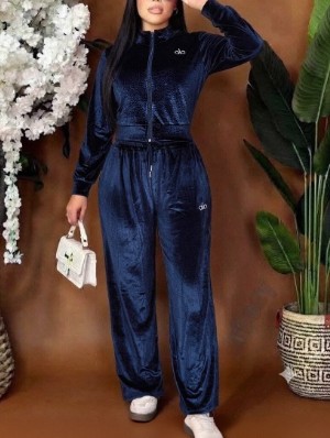 Pleuche Stand Collar Zipper Coats Pant Sets