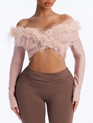 Fur Trim Off Shoulder Twist Cropped Tops