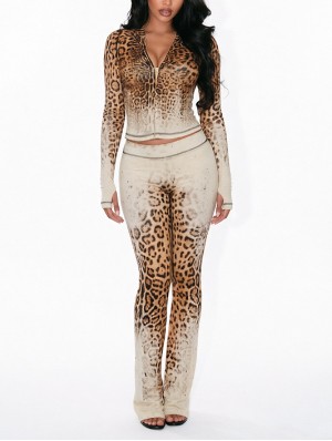 Gradient Leopard Hooded Flared Pant Sets