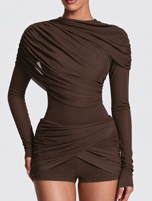 Ruched Long Sleeve Gauze Fitted Rompers