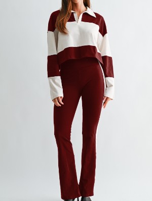 Contrast Striped Polo Flared Pant Sets