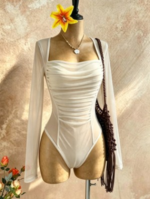Long Sleeve Ruched Mesh Fitted Bodysuit Top