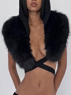 Fluff Halter Backless Lace-Up Hooded Tops