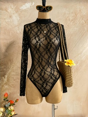 Lace Panel Mesh Long Sleeve Bodycon Bodysuits