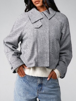 High Collar Houndstooth Cropped Tweed Jacket 