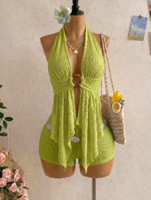 Texture Halter Backless Tie-wrap Short Sets