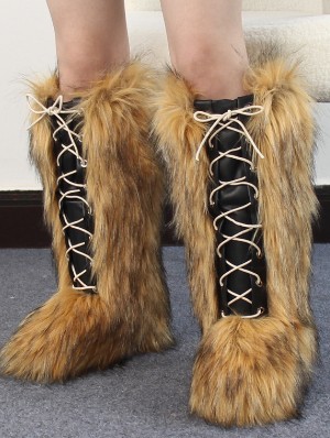Fluff Tie-wrap Fake Fur Thigh-High Boots