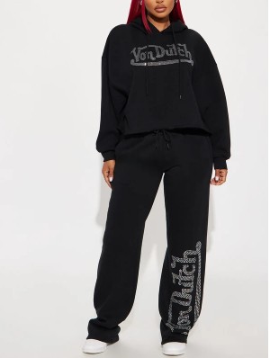 Letter Rhinestones Casual Hooded Pant Sets