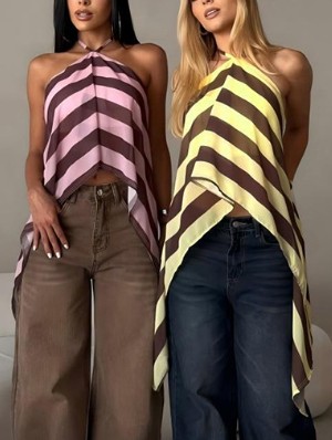 Striped Halter Backless Lace-Up Tanks