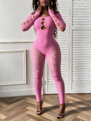 Off Shoulder Hollow-out Sheer Jumpsuits