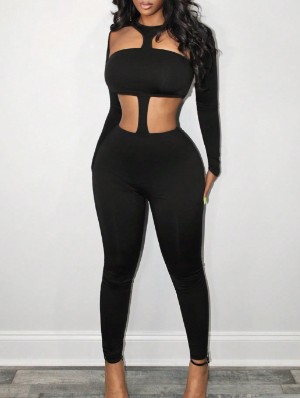 Hollow-out Long Sleeve Fitted Jumpsuits