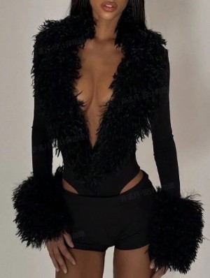 Fluffy Deep V Neck Fur Trim Bodysuits