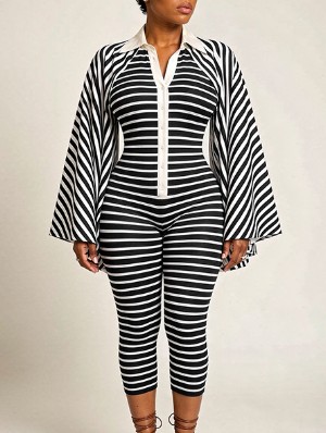 Striped Lapel Trumpet Sleeve Capri Rompers