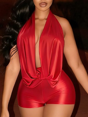 Ruched Halter Backless Deep V Neck Rompers