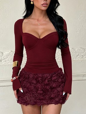 Pure Color Square Neck Rose Bodycon Dress
