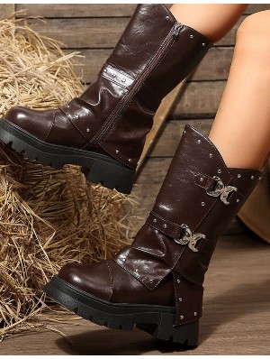 Vintage Gothic Brown Leatherette Moto Boots
