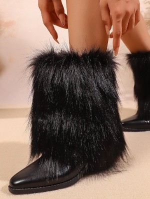 Y2K Glam Black Faux Fur Ankle Boots