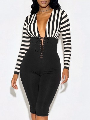 Striped V Neck Tie-wrap Capri Rompers