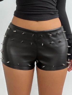 Rivet Metal Decor Leather Bodycon Shorts