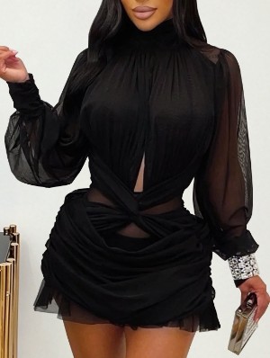 Ruched Sheer Hollow-out Ruffle Mini Dress