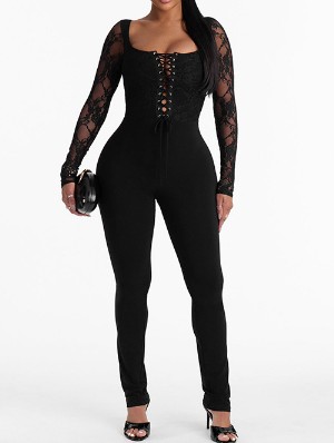 Lace Panel Sheer Tie-wrap Flared Jumpsuits