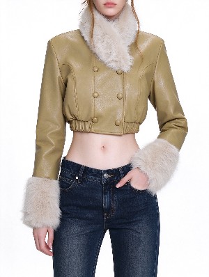 Chic Faux Fur Collar Double Breasted Cropped Coat
