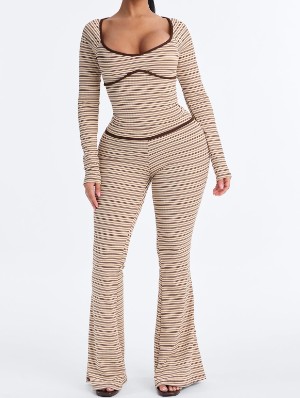 Striped U Neck Bodycon Flared Pant Sets
