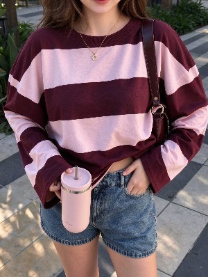 Chic Colorblock Striped Drop Shoulder Crewneck Tee